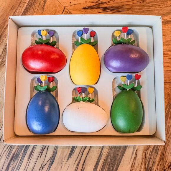 1980s Vintage Dept 56 Wooden Easter Eggs w Tulips-Set of 6-Original Box-Spring - Picture 2 of 10